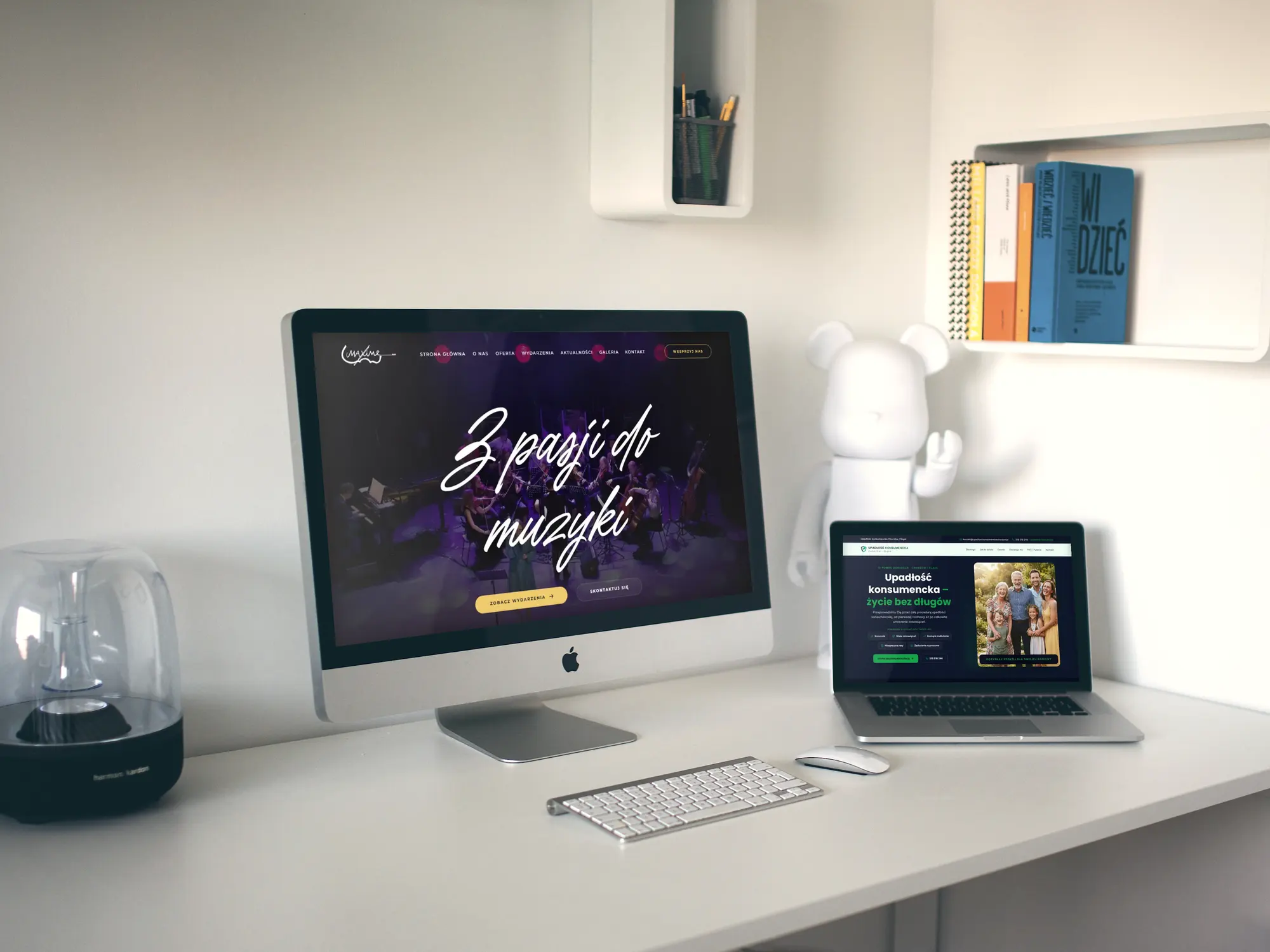 Jasne biurko z iMakiem i MacBookiem; na ekranach strony Fundacji Maxime i kancelarii z Chorzowa